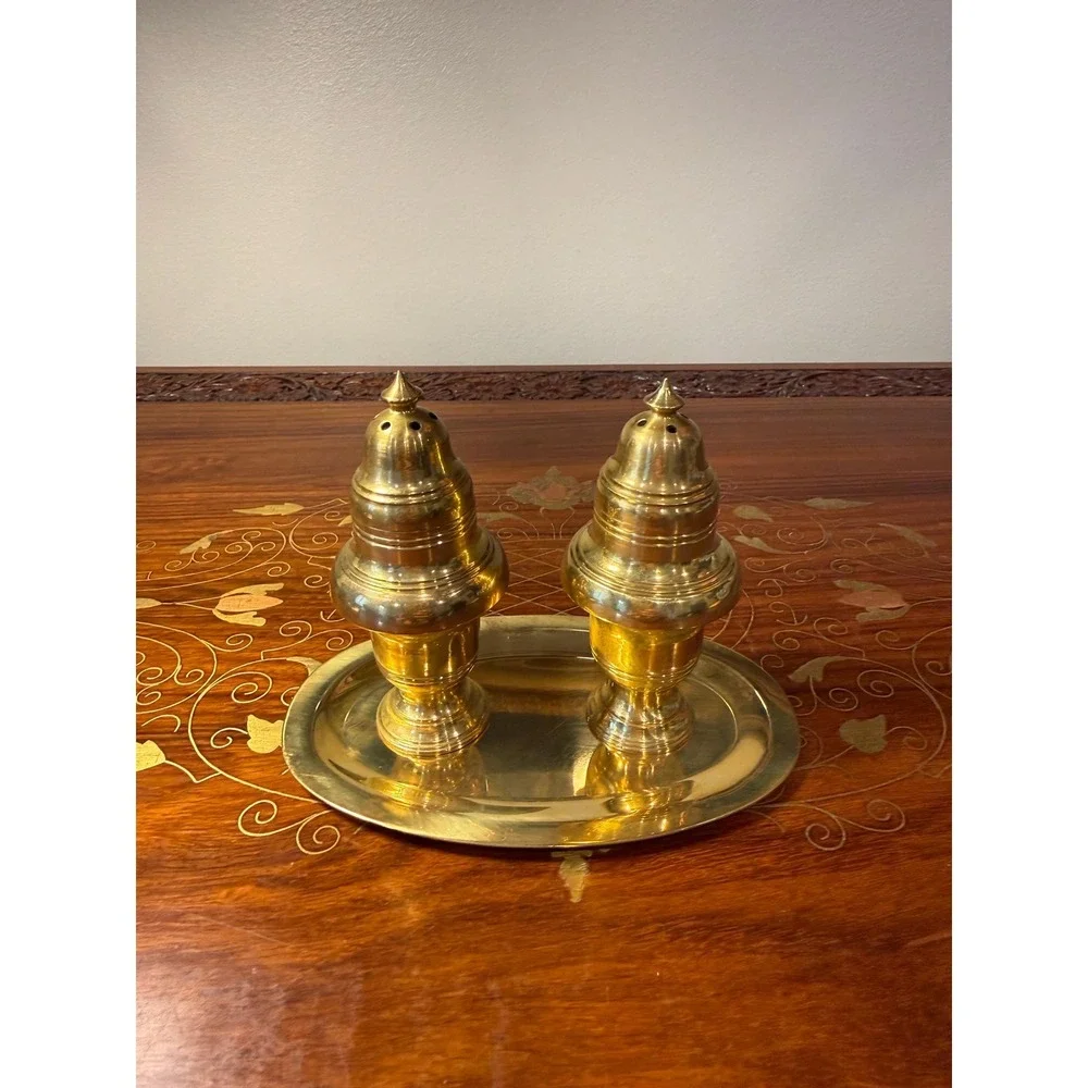 Vintage Brass Salt and Pepper‎ Shaker Set with Tray